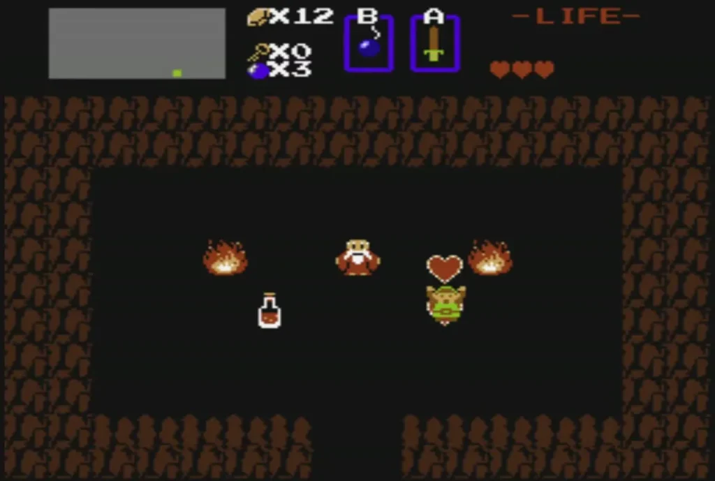 Red heart on the floor of the Old Man cave with Link walking up to it Red heart on the floor of the Old Man cave with Link walking up to it