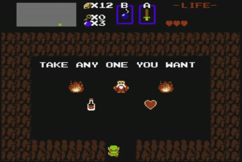 Old Man cave offering a Red Potion or a Red Heart with TAKE ANY ONE YOU WANT Old Man cave offering a Red Potion or a Red Heart with TAKE ANY ONE YOU WANT
