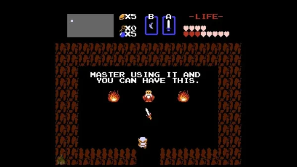 Old Man in a fire-lit cave offering a sword Old Man in a fire-lit cave offering a sword