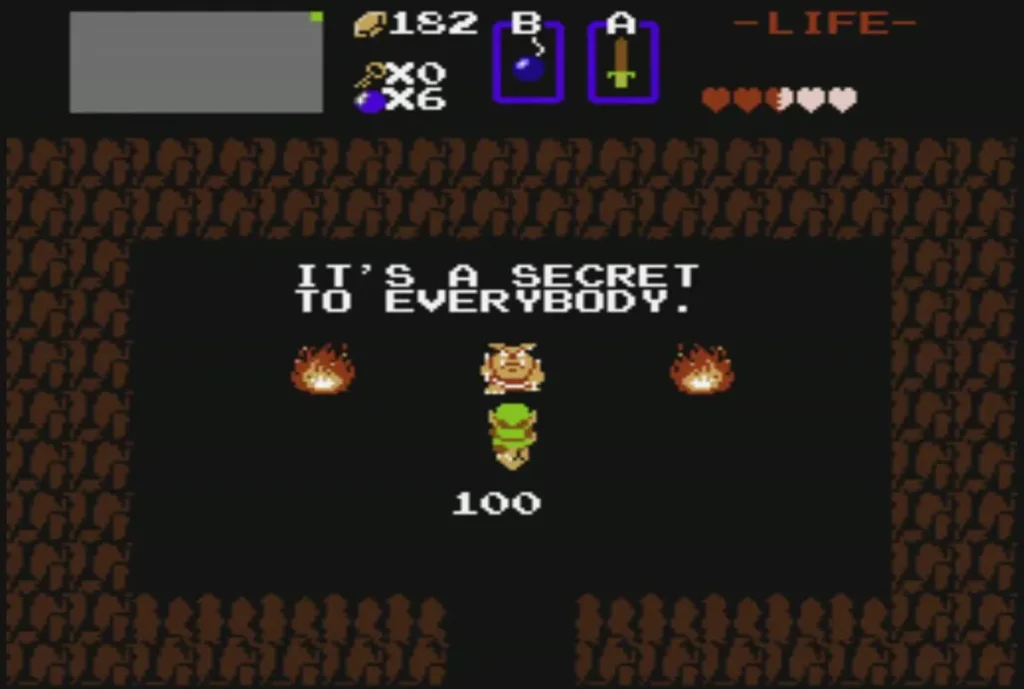 Link collecting 100 rupees from the Moblin in the secret cave with 182 rupees on hand