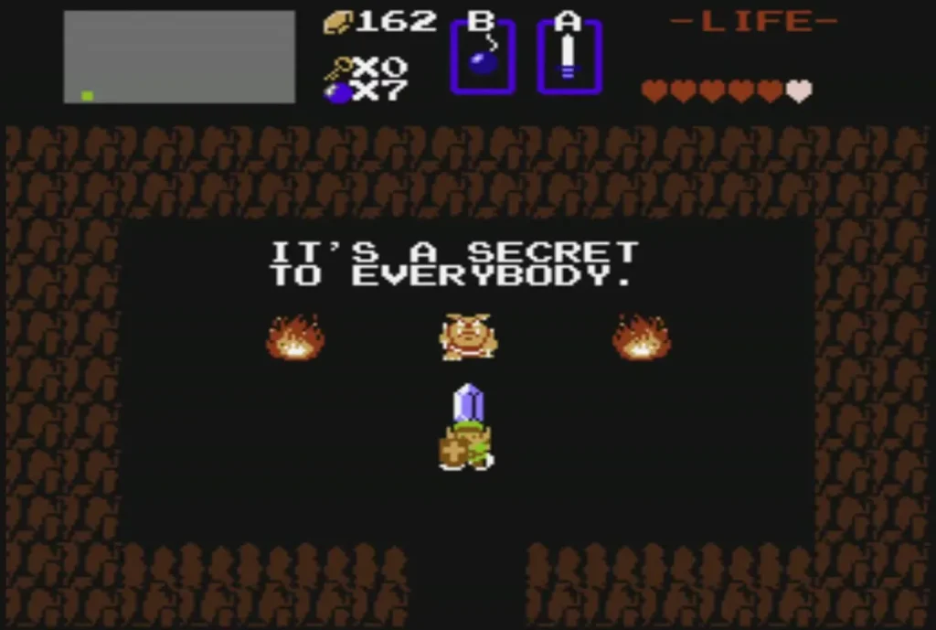 Link collects the 30-rupee gift from the Moblin in the secret cave, rupees at 162