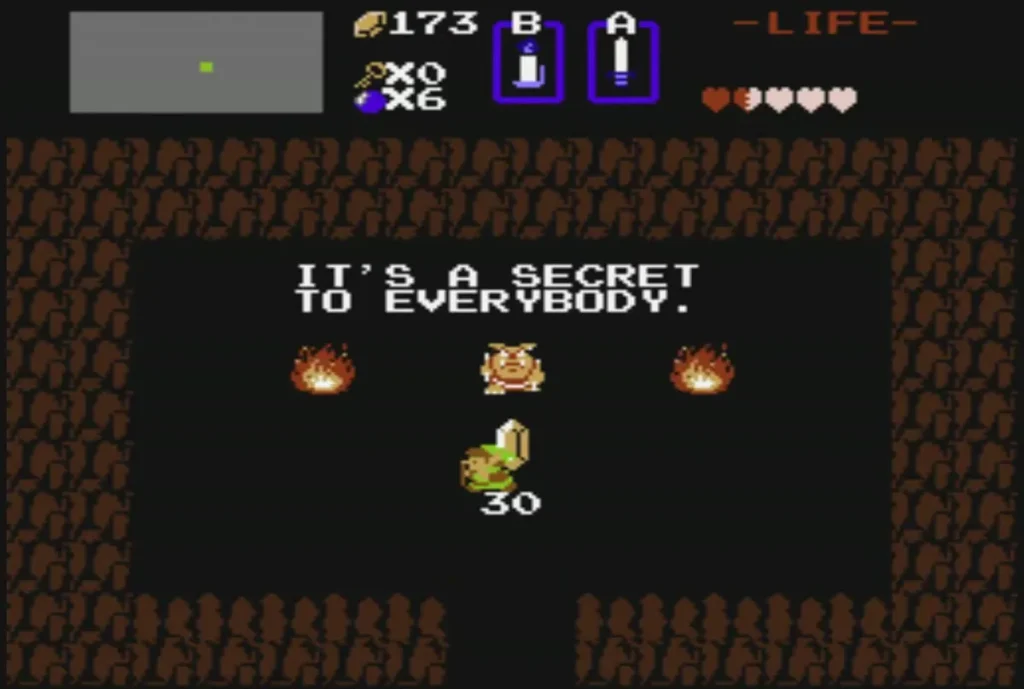 Link taking the 30-rupee gift from the Moblin in the secret cave, with 173 rupees