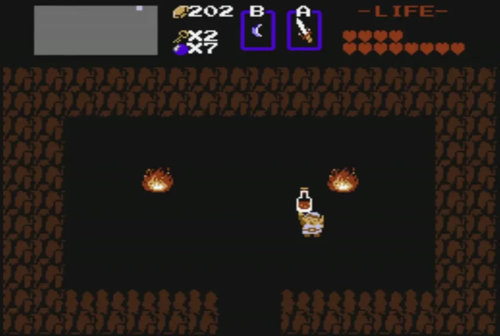 Link in a dark medicine cave holding a potion overhead Link in a dark medicine cave holding a potion overhead