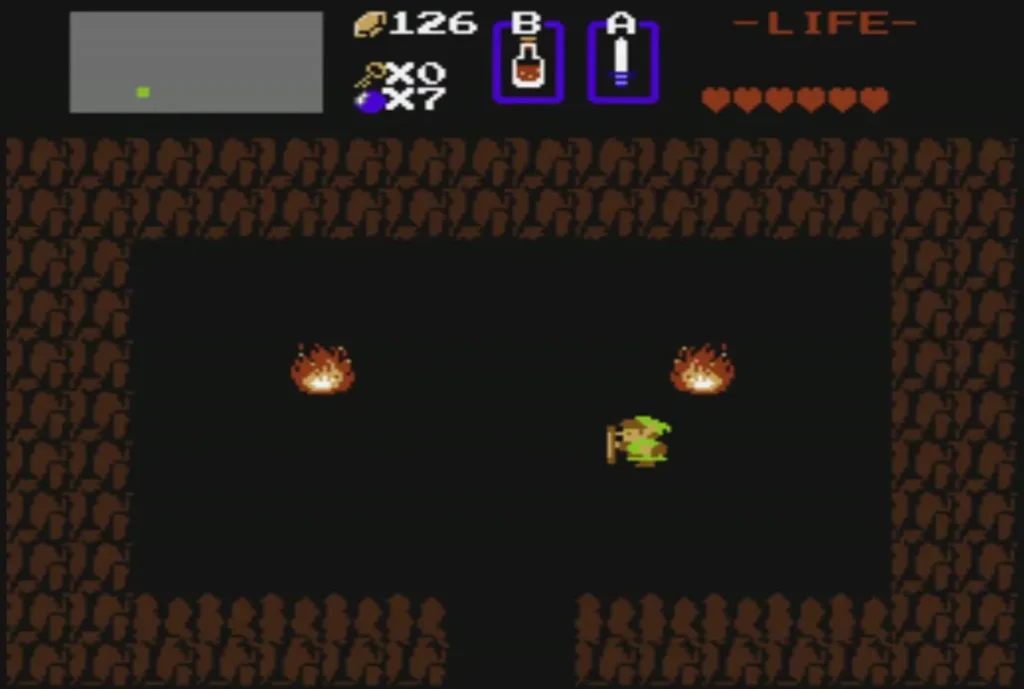 Link in a dark cave with a potion bottle in his B slot Link in a dark cave with a potion bottle in his B slot
