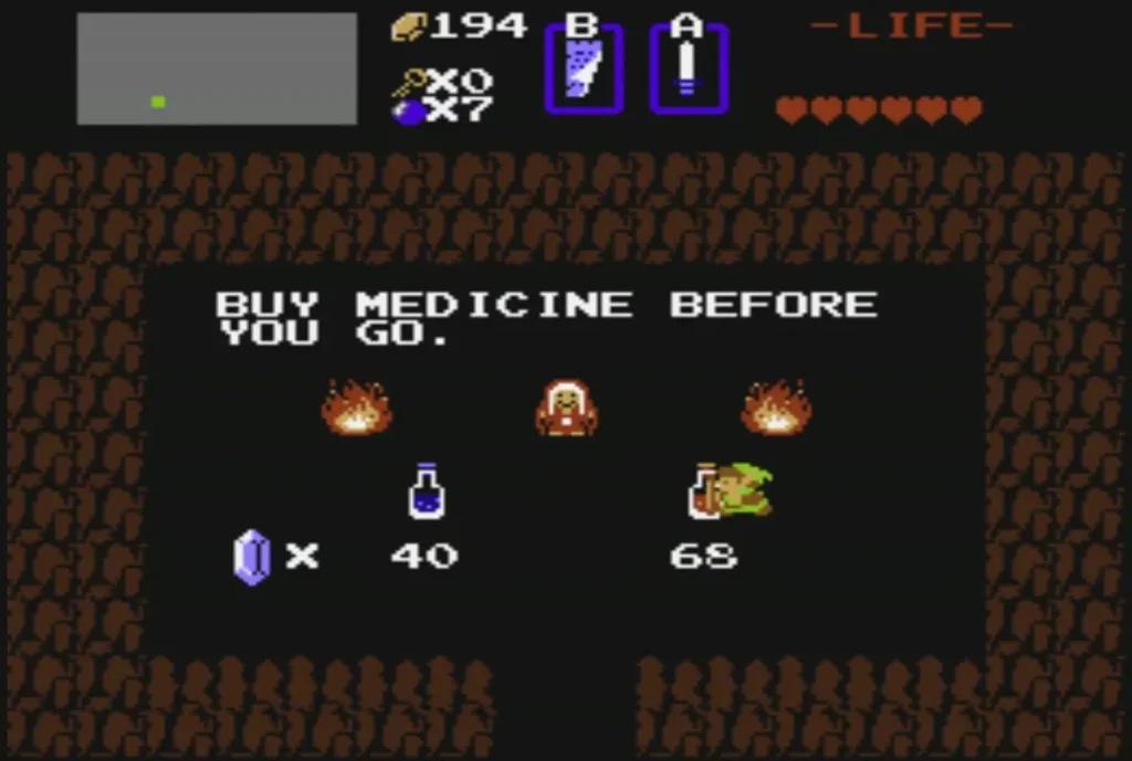 Link at the 68-rupee Red Potion on the medicine shop board Link at the 68-rupee Red Potion on the medicine shop board