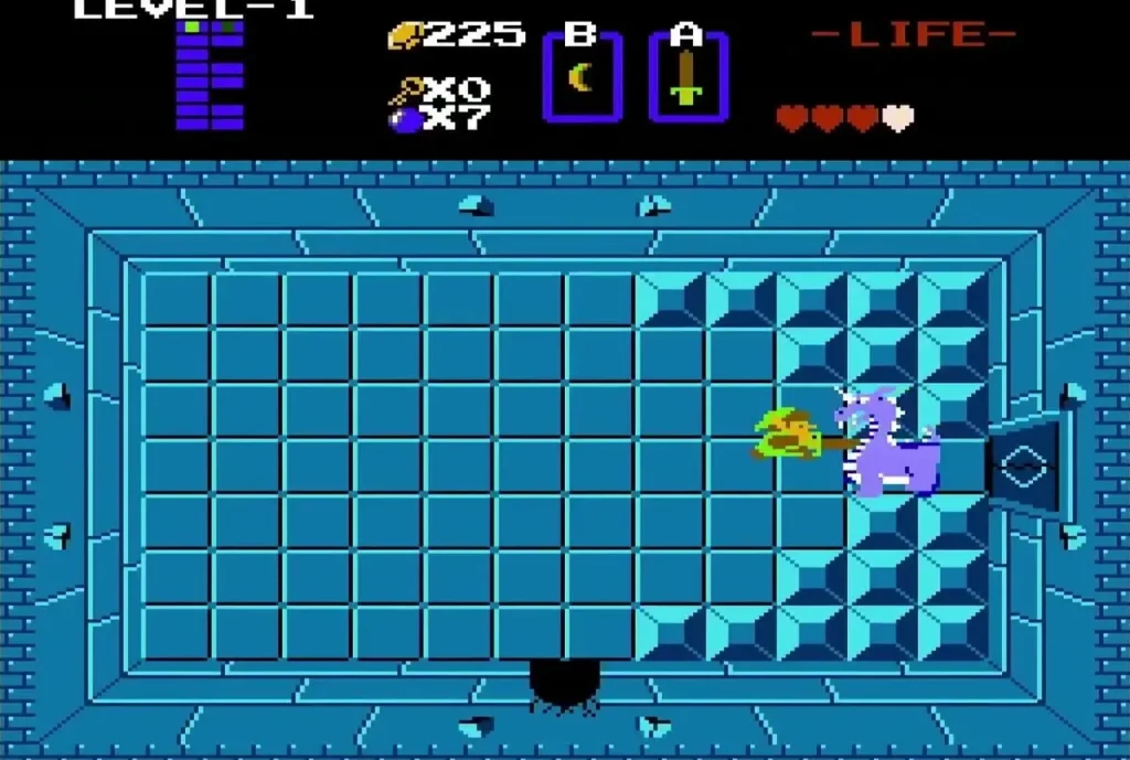 Link fighting Aquamentus at the door of the Level 1 boss room Link fighting Aquamentus at the door of the Level 1 boss room