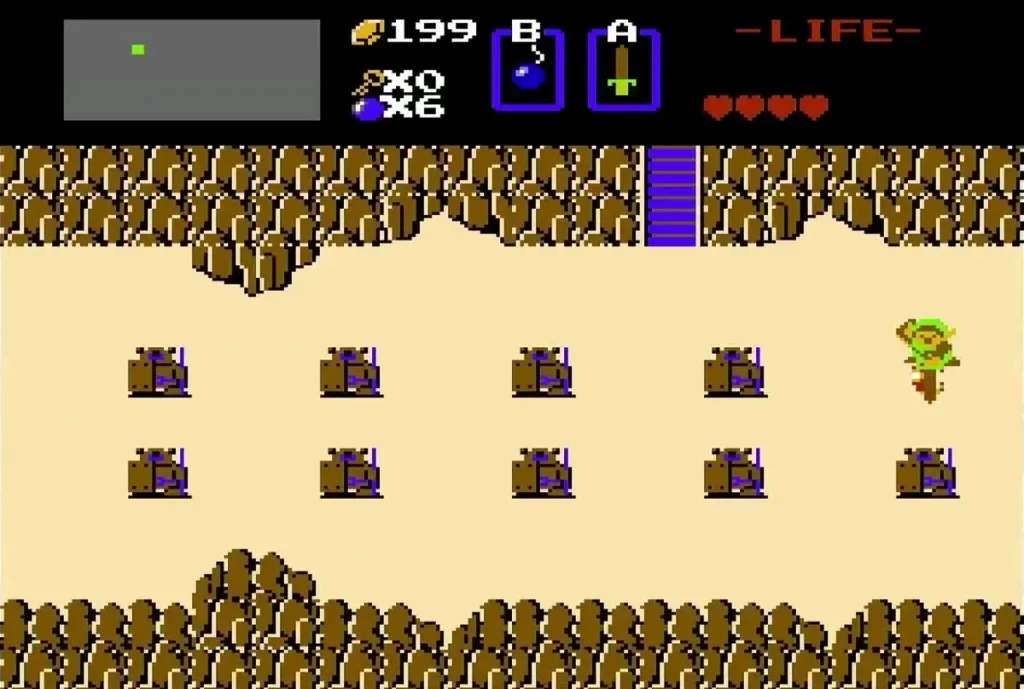 Link on sand beside rows of statues, near the Lost Hills Link on sand beside rows of statues, near the Lost Hills