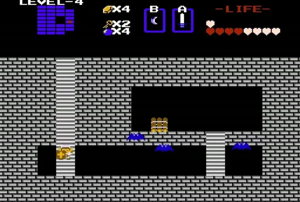 Link in the gray-brick Level 4 room where the Raft lies Link in the gray-brick Level 4 room where the Raft lies