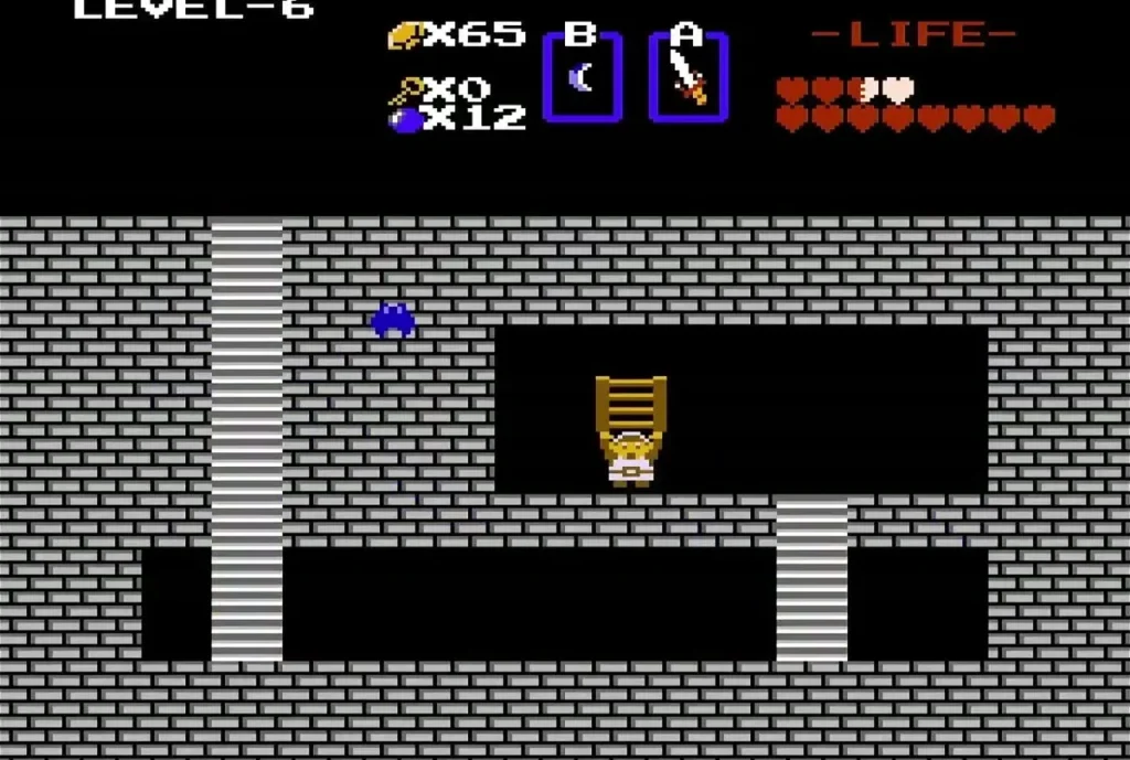 Link holding up the Stepladder in a gray-brick Level 6 passage Link holding up the Stepladder in a gray-brick Level 6 passage