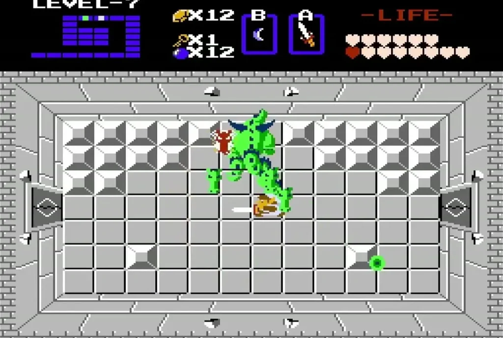 Link fighting the four-headed Gleeok in the Level 7 boss room Link fighting the four-headed Gleeok in the Level 7 boss room