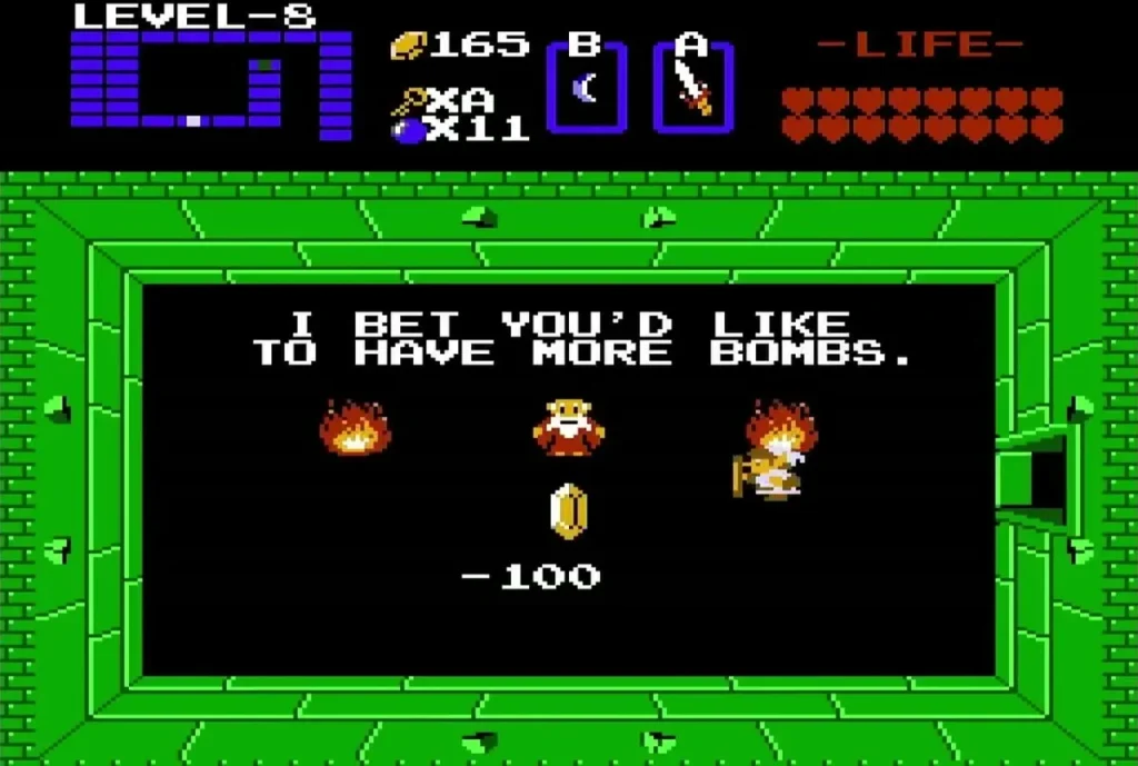 Old man offering the Level 8 bomb upgrade for 100 rupees Old man offering the Level 8 bomb upgrade for 100 rupees