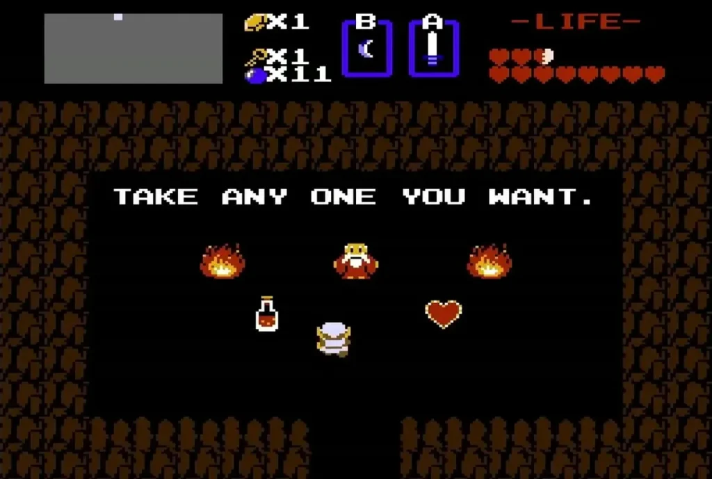 Old man in the Recorder staircase room offering a Heart Container or a Red Potion Old man in the Recorder staircase room offering a Heart Container or a Red Potion