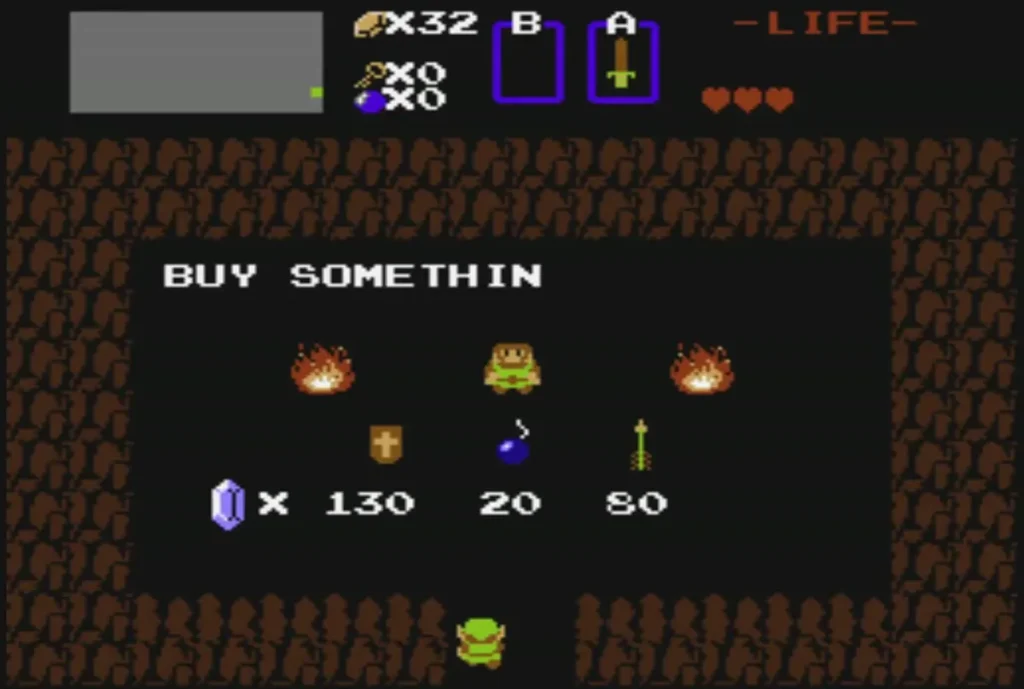 Cave shop with bombs at 20 rupees and arrows at 80 rupees next to the 130-rupee shield Cave shop with bombs at 20 rupees and arrows at 80 rupees next to the 130-rupee shield