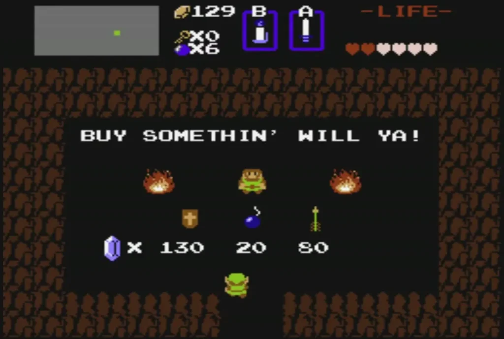 Cave shop with the Magical Shield priced at 130 rupees beside bombs for 20 and arrows for 80 Cave shop with the Magical Shield priced at 130 rupees beside bombs for 20 and arrows for 80