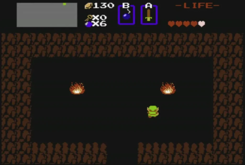 Link alone in the hidden cave shop with 130 rupees left after buying the 60-rupee item Link alone in the hidden cave shop with 130 rupees left after buying the 60-rupee item