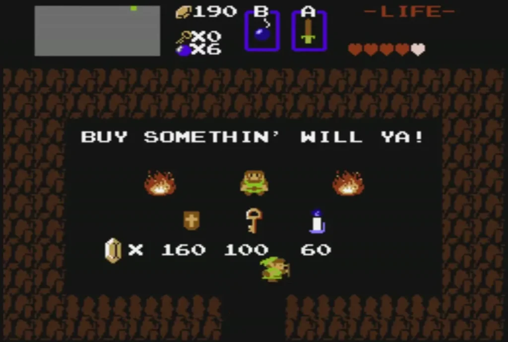 Hidden cave shop with prices 160, 100 and 60 rupees under the words BUY SOMETHIN' WILL YA