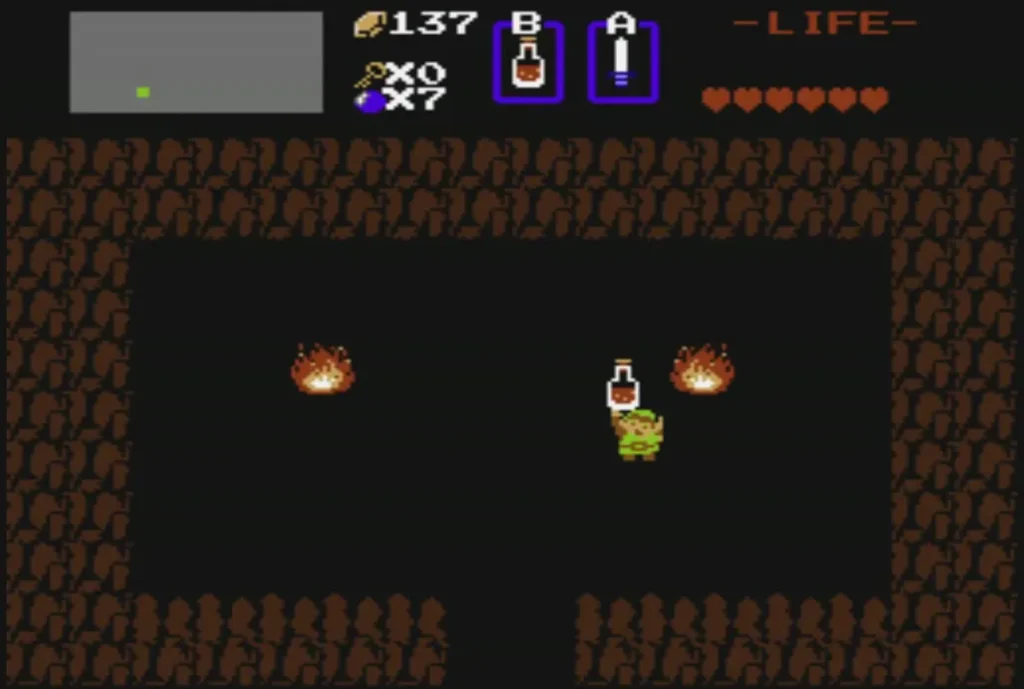 Link holding a potion up in the medicine cave after buying it Link holding a potion up in the medicine cave after buying it
