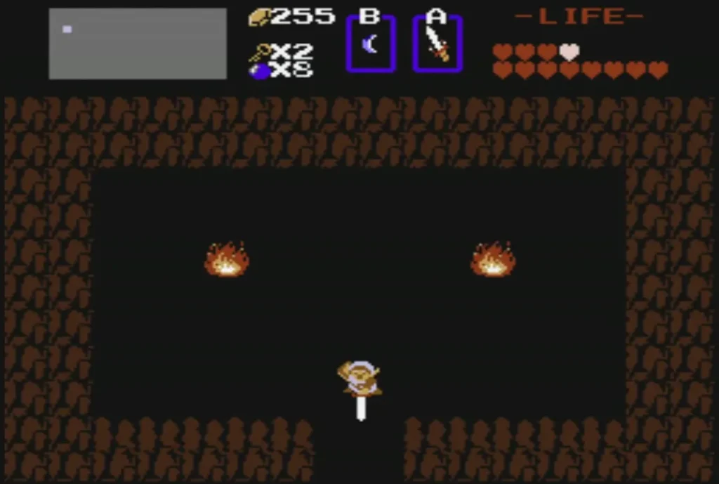 Link at the cave doorway with the Magical Sword in hand Link at the cave doorway with the Magical Sword in hand