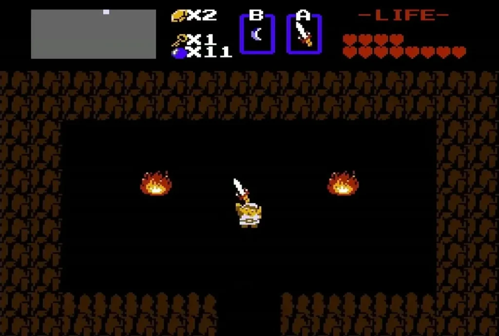 Link holding up the Magical Sword in the fire cave Link holding up the Magical Sword in the fire cave