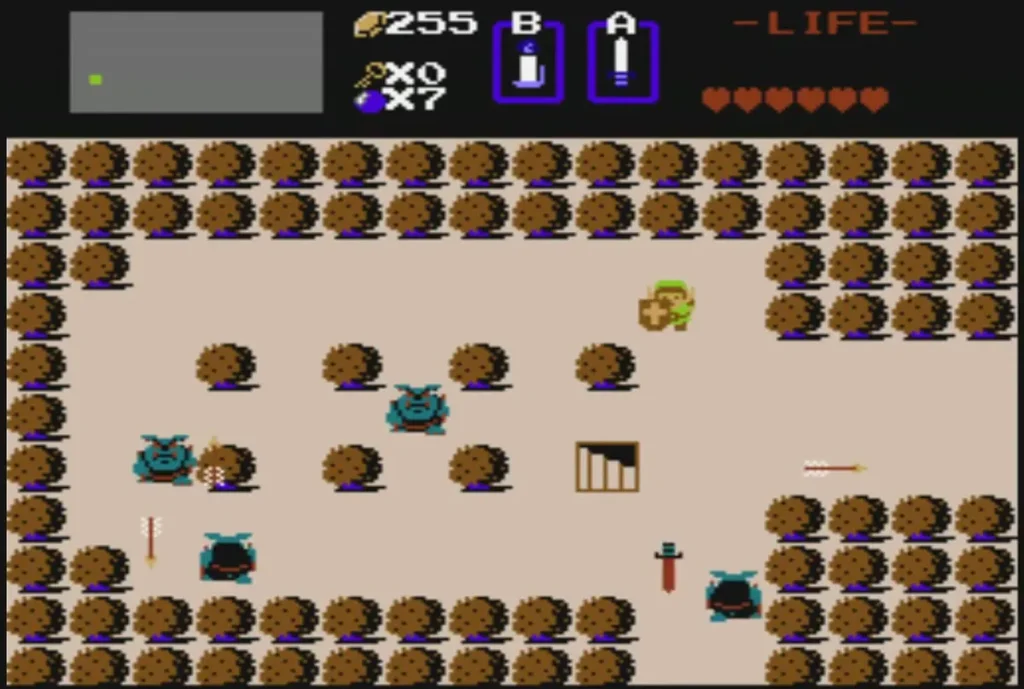 Link in a rock field among enemies, with six full hearts Link in a rock field among enemies, with six full hearts
