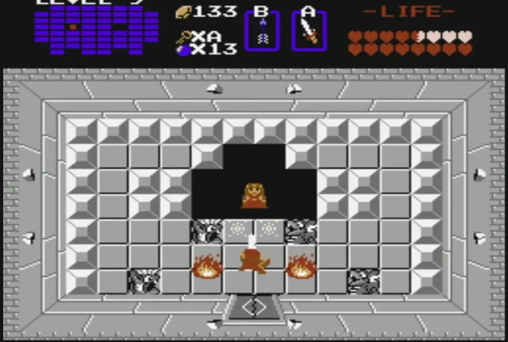 Link swinging his sword between two fires in the room above Ganon's lair Link swinging his sword between two fires in the room above Ganon's lair