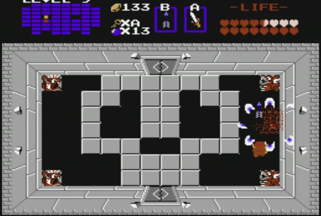 Ganon's body breaking up in red fragments with blue sparks on the right side of the room Ganon's body breaking up in red fragments with blue sparks on the right side of the room