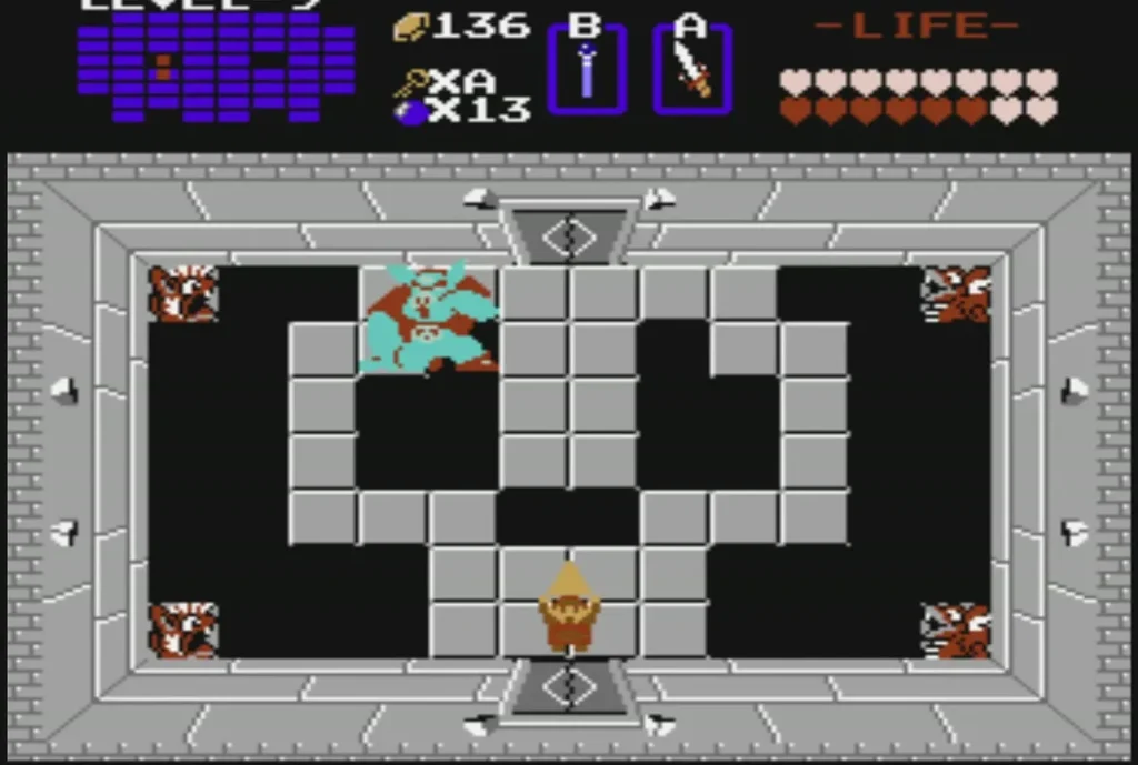 Ganon in cyan at the upper left of the lit grey room, shown by the Triforce light, with Link at the bottom door Ganon in cyan at the upper left of the lit grey room, shown by the Triforce light, with Link at the bottom door