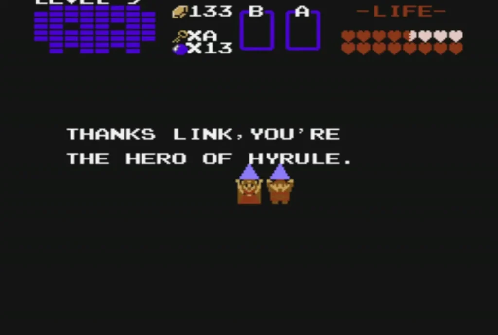 Closing text reading 'Thanks Link, you're the hero of Hyrule' beside Zelda and Link Closing text reading 'Thanks Link, you're the hero of Hyrule' beside Zelda and Link