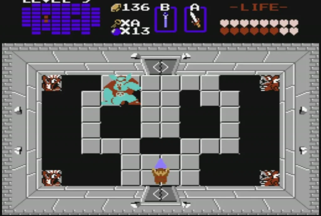 Link at the bottom door of the lit grey lair, with Ganon in cyan in the upper left Link at the bottom door of the lit grey lair, with Ganon in cyan in the upper left