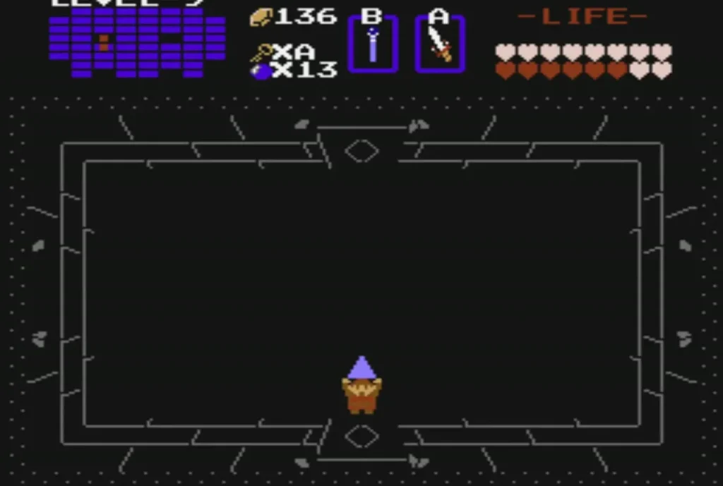 Link holding the Triforce of Wisdom overhead inside the dark outline of Ganon's lair Link holding the Triforce of Wisdom overhead inside the dark outline of Ganon's lair