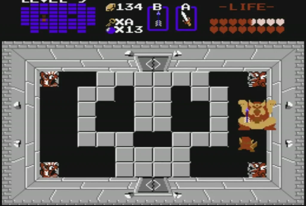 Ganon on the right side of the grey room with Link's silver arrow in flight beside him Ganon on the right side of the grey room with Link's silver arrow in flight beside him