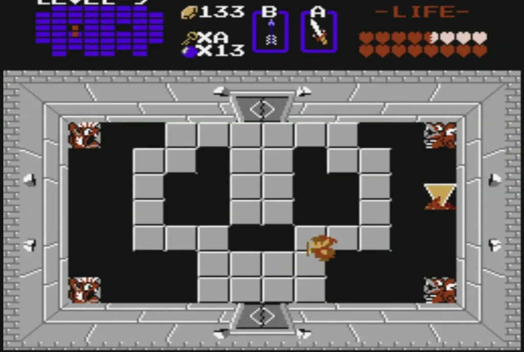 The yellow Triforce of Power on the floor at the right of the room, with Link near the centre The yellow Triforce of Power on the floor at the right of the room, with Link near the centre