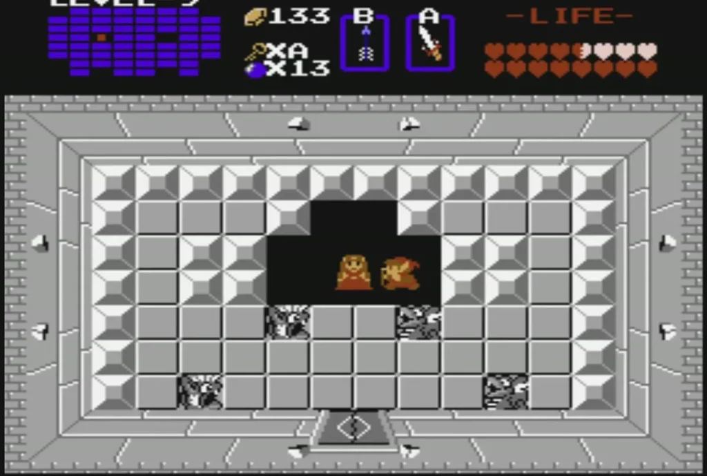 Princess Zelda and Link together in the final room of the First Quest Princess Zelda and Link together in the final room of the First Quest