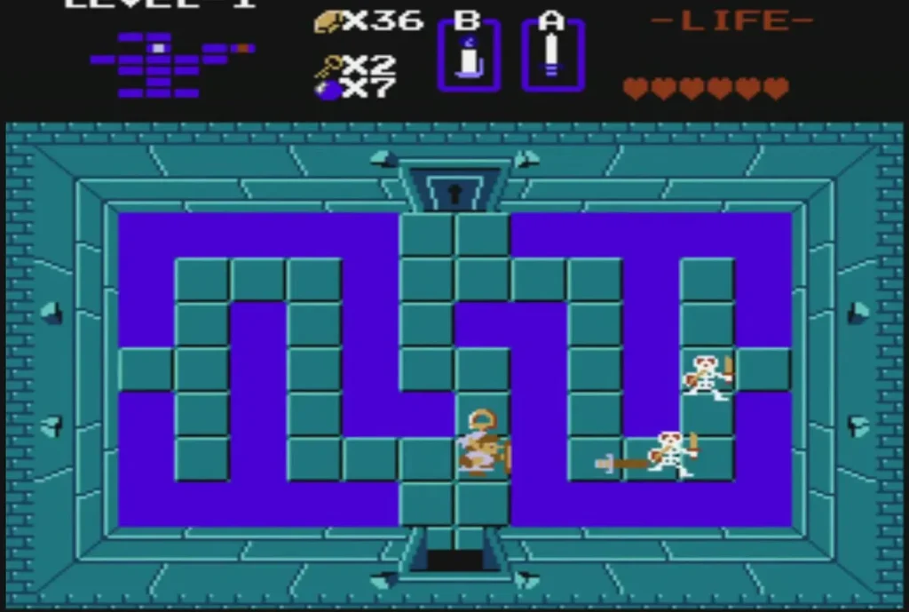 Link and Stalfos in the blue-block maze room of Level 1 Link and Stalfos in the blue-block maze room of Level 1