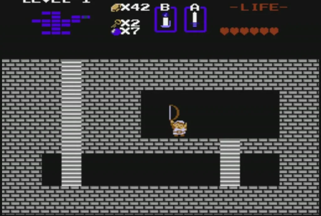 Link holding up the Bow in the lower room of Level 1 Link holding up the Bow in the lower room of Level 1
