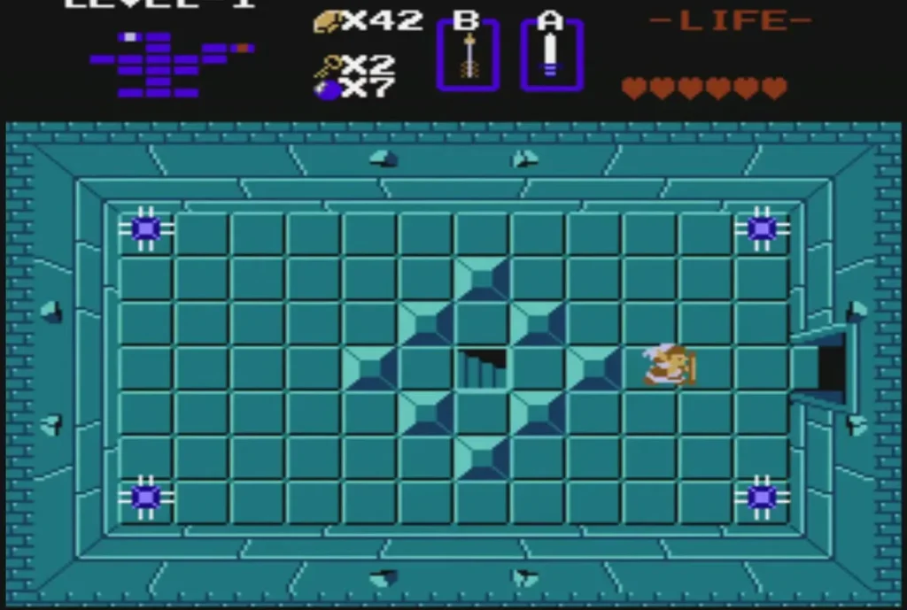 Link in the Level 1 room with blue corner statues and diamond blocks Link in the Level 1 room with blue corner statues and diamond blocks