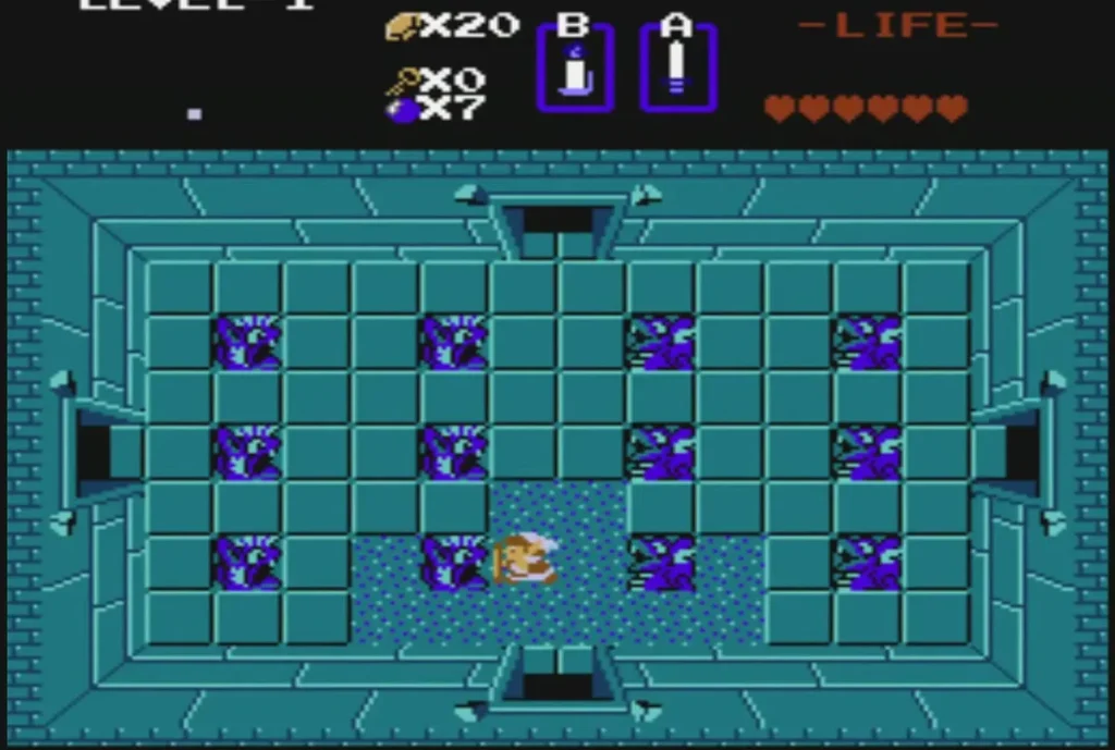 Link standing in the Level 1 entrance room between the stone statues Link standing in the Level 1 entrance room between the stone statues