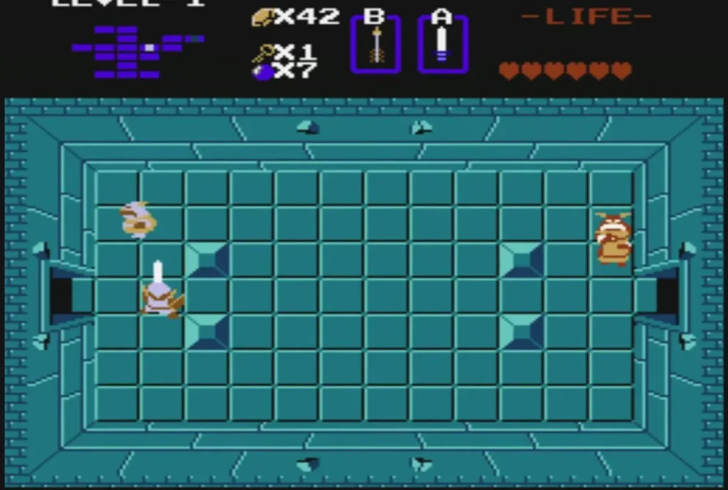 Link fighting Goriyas in the Level 1 room with diamond blocks Link fighting Goriyas in the Level 1 room with diamond blocks