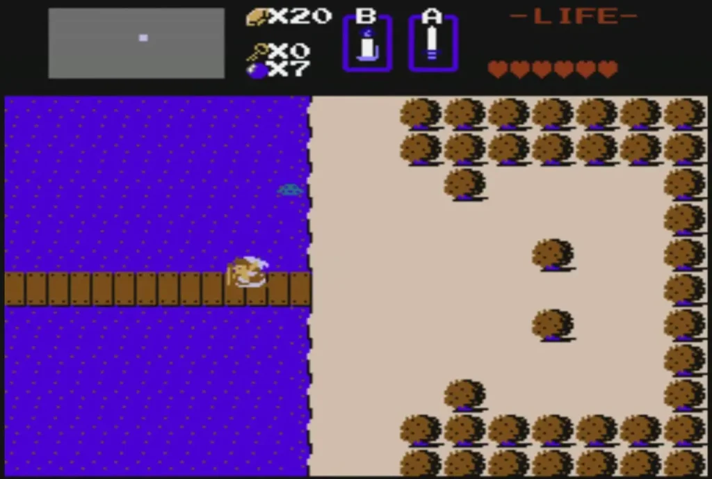 Link crossing the wooden bridge on the overworld toward Level 1 Link crossing the wooden bridge on the overworld toward Level 1