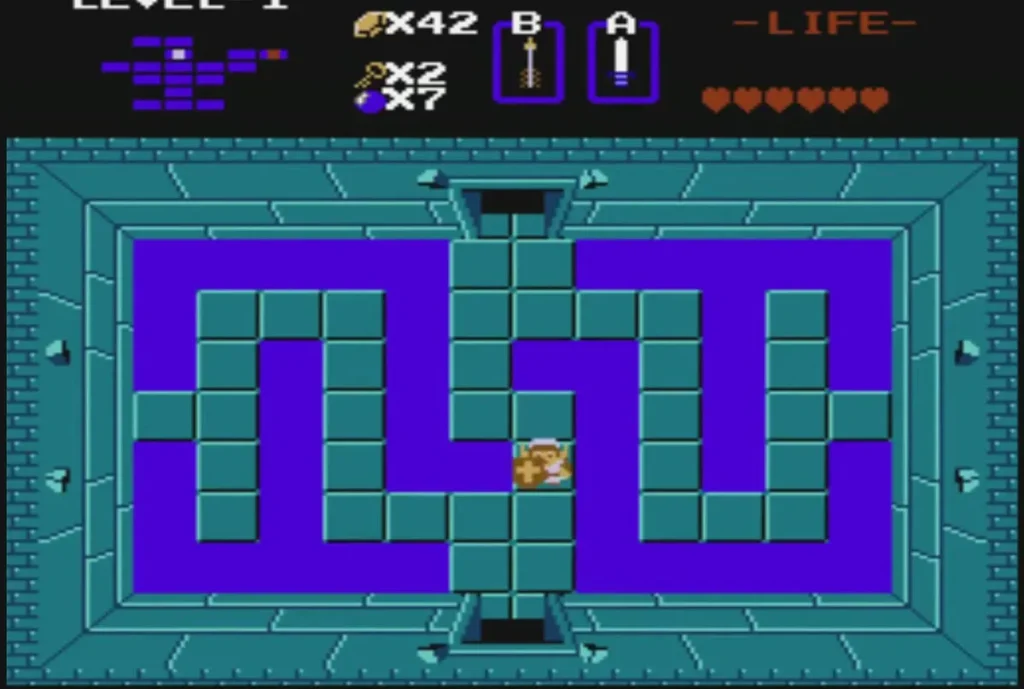 Link in the purple block maze room of Level 1 Link in the purple block maze room of Level 1