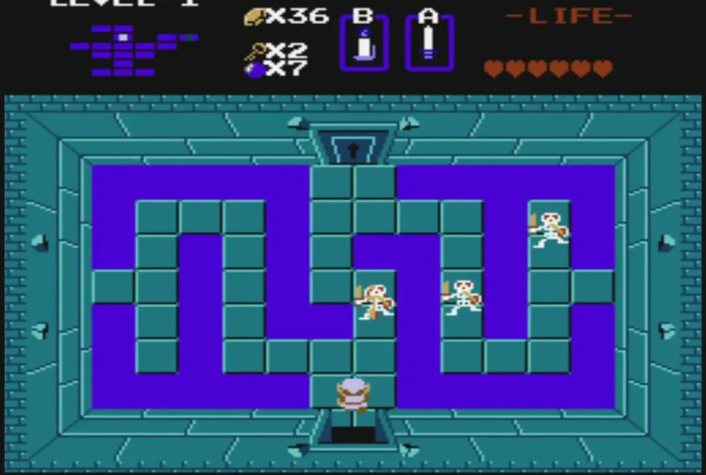 Link entering the blue-block room where Stalfos wait in Level 1 Link entering the blue-block room where Stalfos wait in Level 1