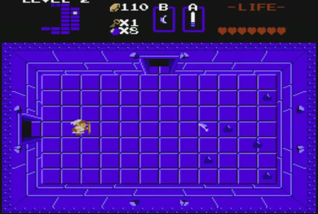 Link in a purple Level 2 room with blue floor blocks, crossing toward the rooms that lead up to the Old Man Link in a purple Level 2 room with blue floor blocks, crossing toward the rooms that lead up to the Old Man