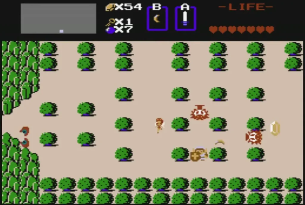Link in the bush field on the overworld, fighting off enemies on the sand Link in the bush field on the overworld, fighting off enemies on the sand