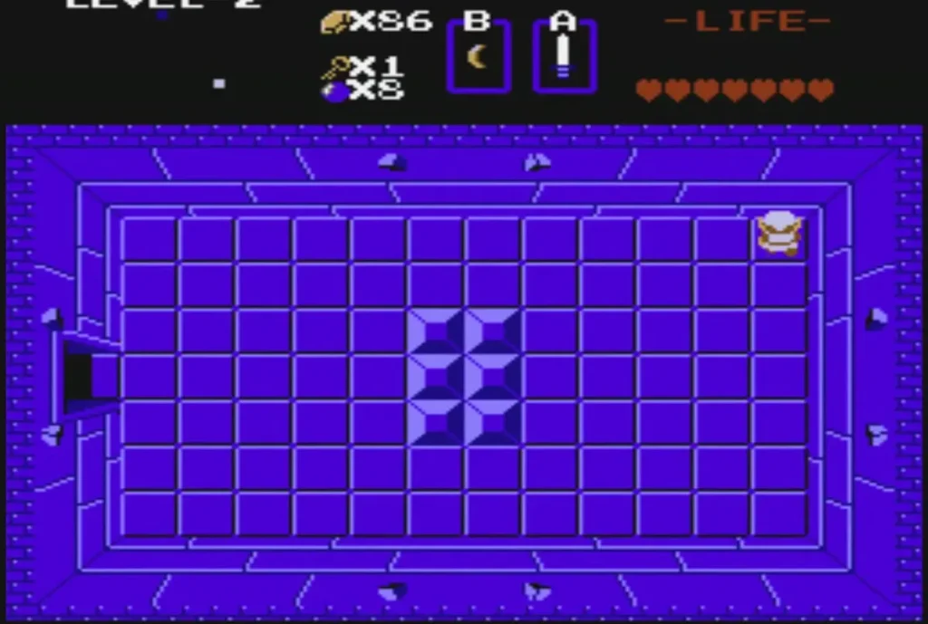 Link holding up the Compass in the top-right corner of a purple Level 2 room Link holding up the Compass in the top-right corner of a purple Level 2 room