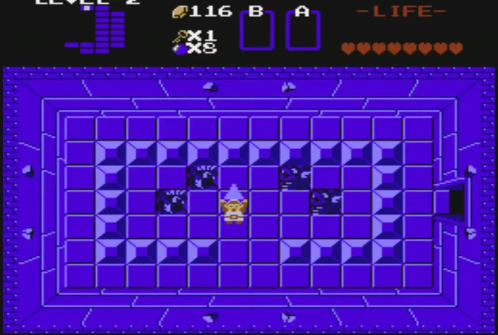 Link standing in the dark purple Level 2 room after taking the Triforce piece Link standing in the dark purple Level 2 room after taking the Triforce piece
