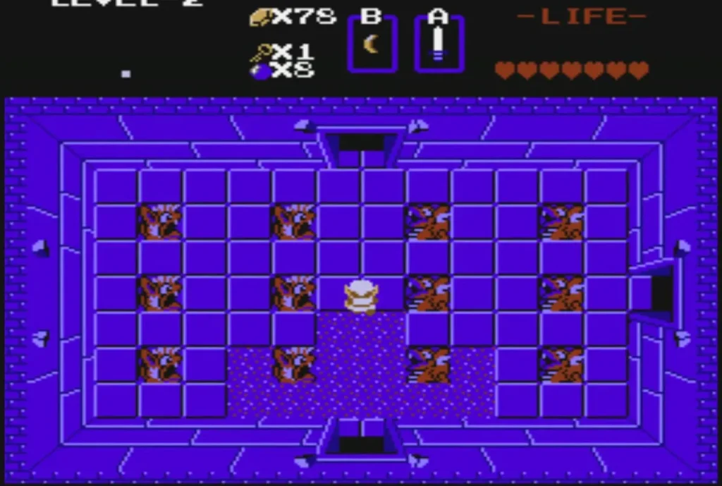 Link in the purple Level 2 entrance room, with the LEVEL 2 label on the HUD Link in the purple Level 2 entrance room, with the LEVEL 2 label on the HUD