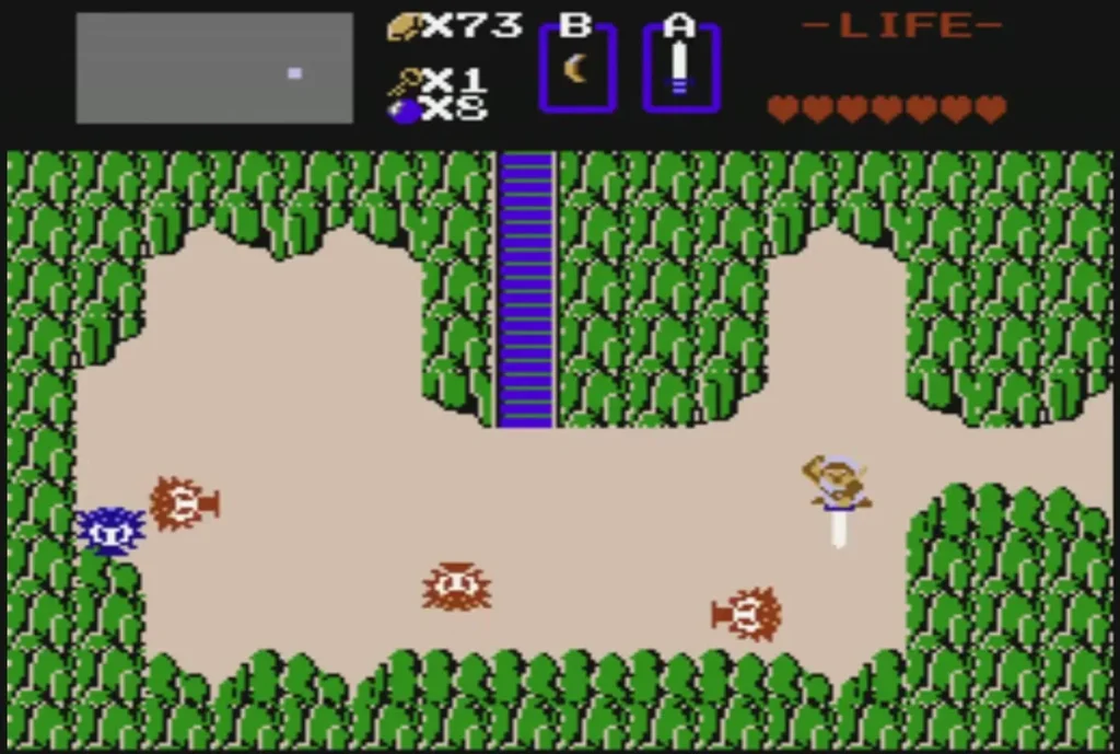 Link in a forest clearing on the overworld, sword raised, with enemies nearby Link in a forest clearing on the overworld, sword raised, with enemies nearby