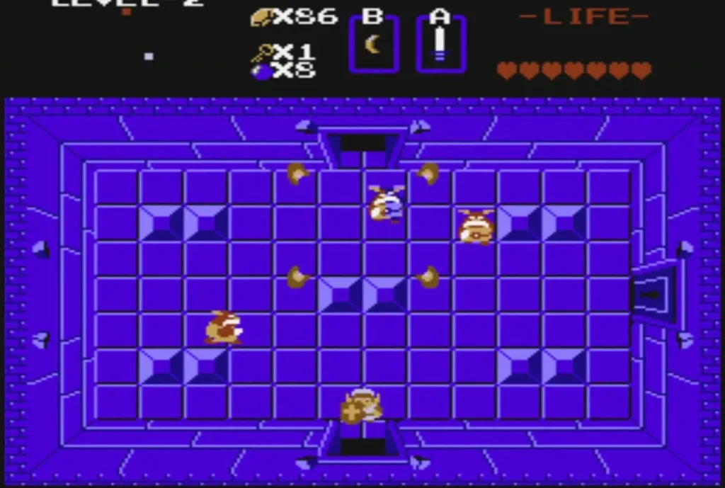 Link fighting Goriyas in a purple Level 2 room with energy orbs flying around Link fighting Goriyas in a purple Level 2 room with energy orbs flying around