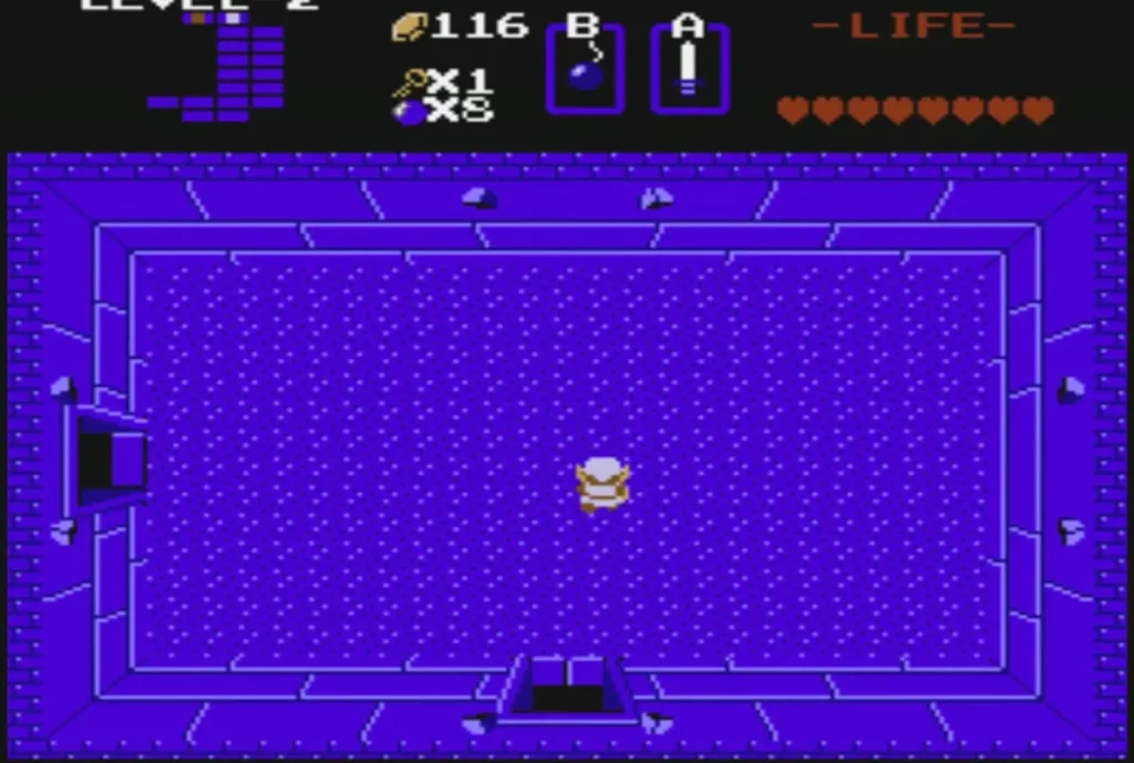 Link holding up the Heart Container in the purple boss room, his maximum hearts rising to eight Link holding up the Heart Container in the purple boss room, his maximum hearts rising to eight