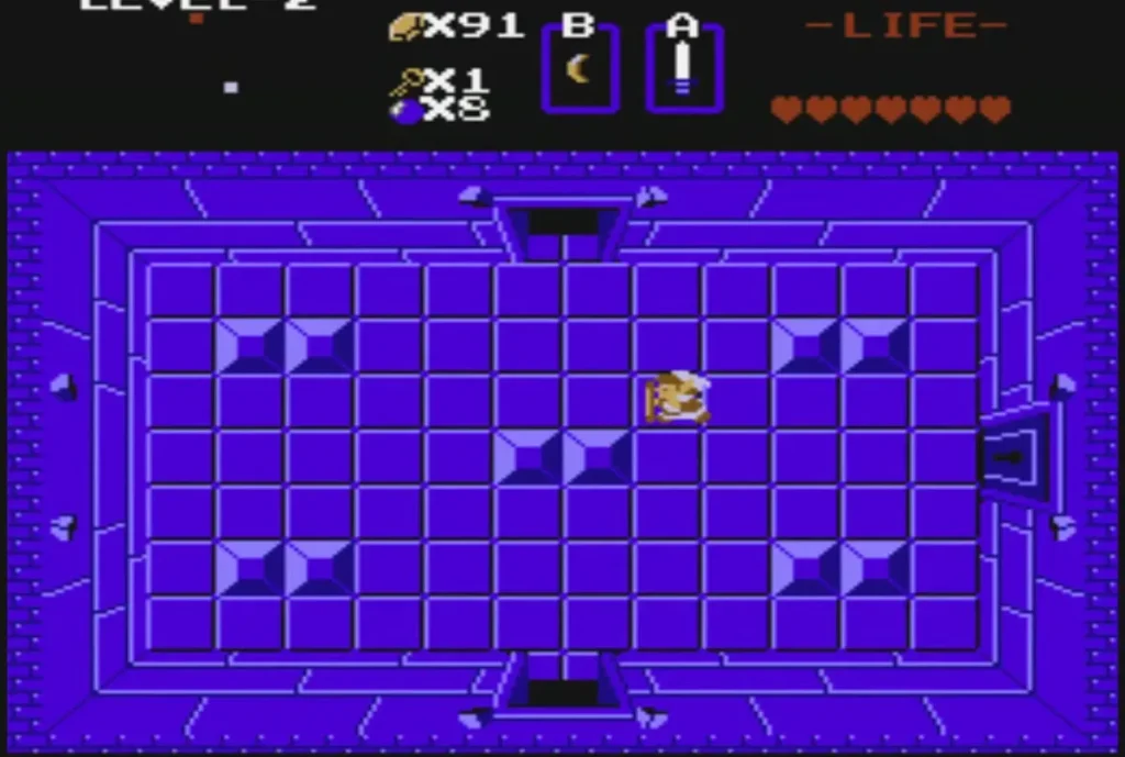Link holding up the Magical Boomerang in a purple Level 2 room Link holding up the Magical Boomerang in a purple Level 2 room